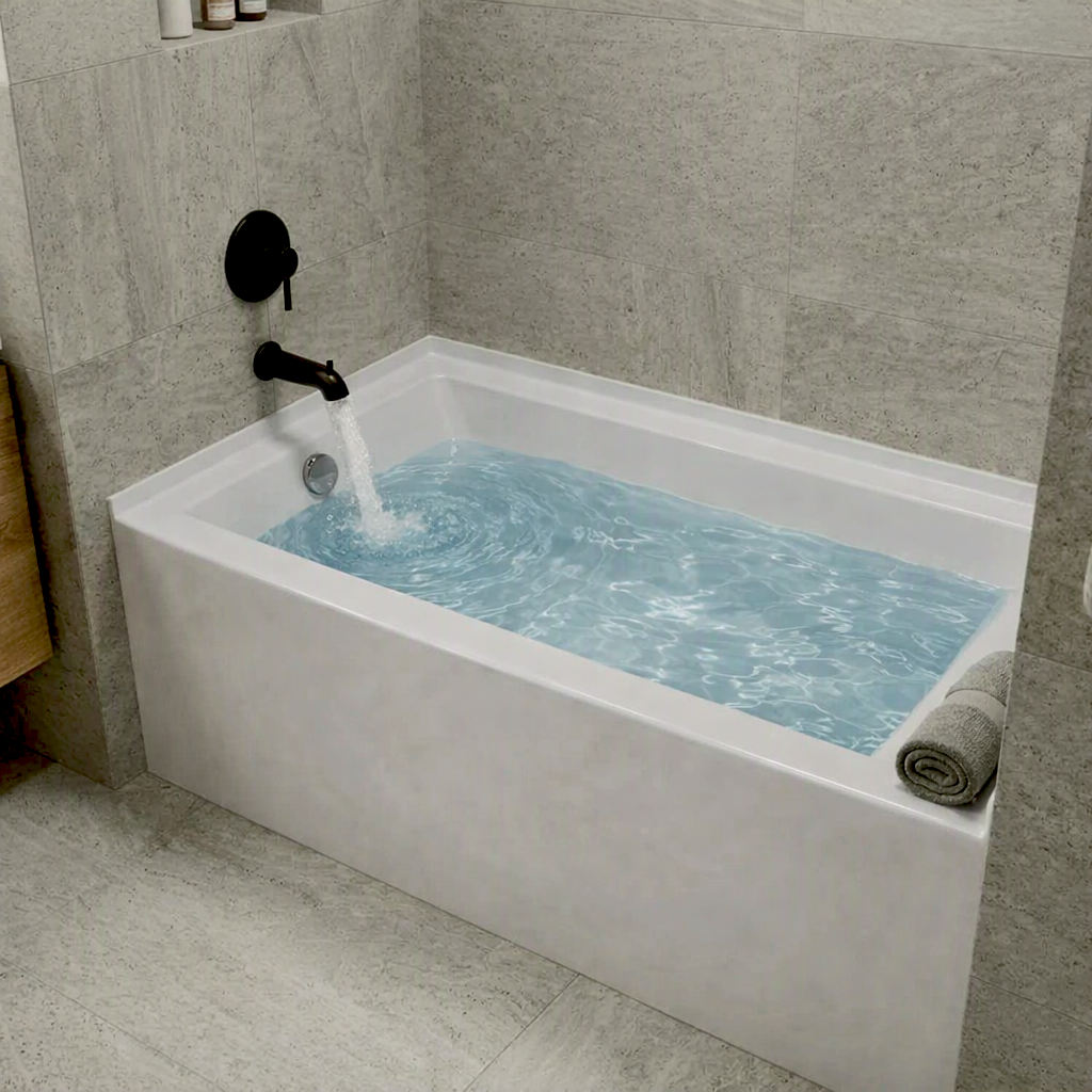 A bathtub filled with water in a family bathroom