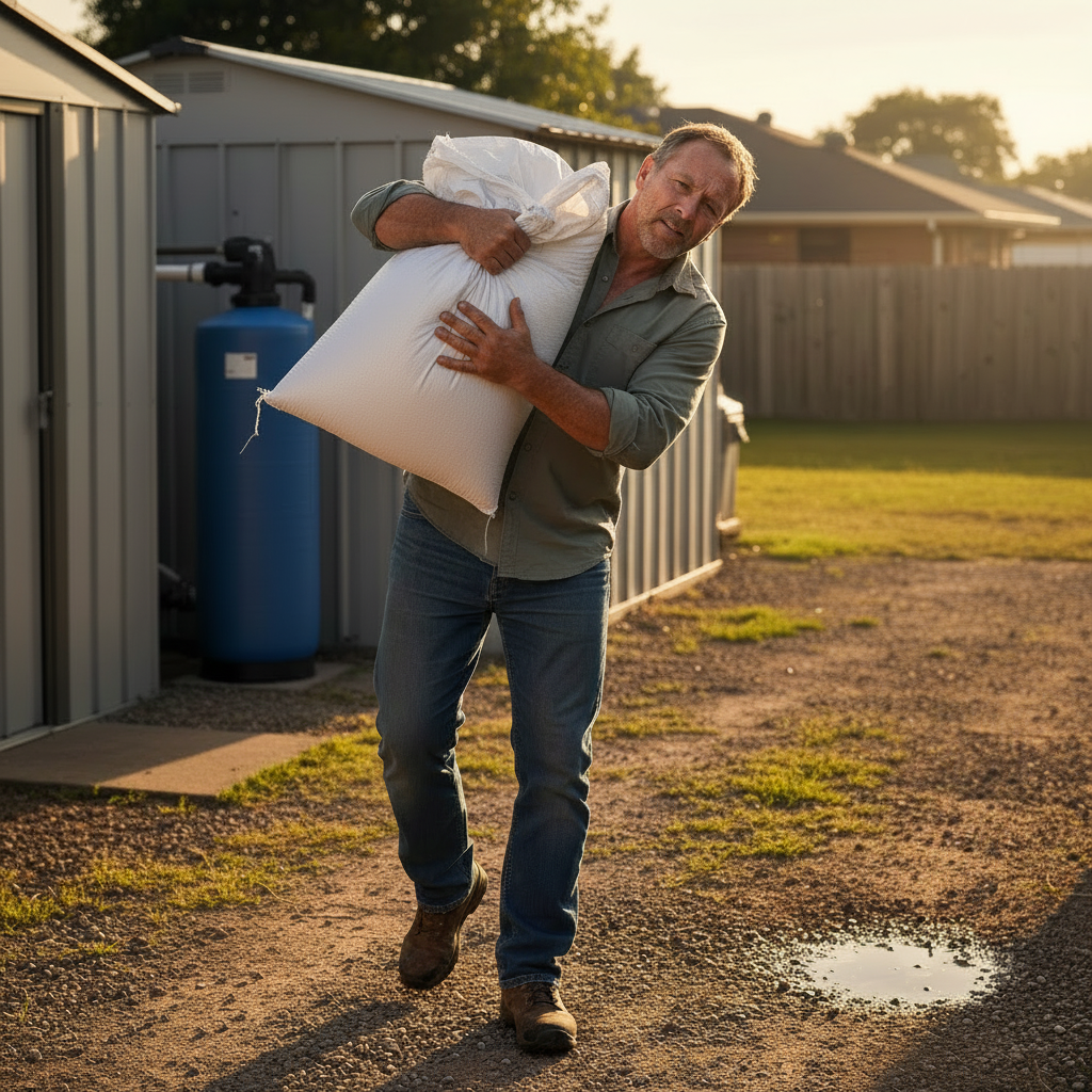 Homeowner carrying salt bags for a traditional water softener