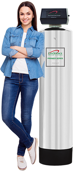 a woman model leaning against lifesource water tank