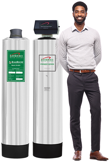 a male model standing next to lifesource water tank